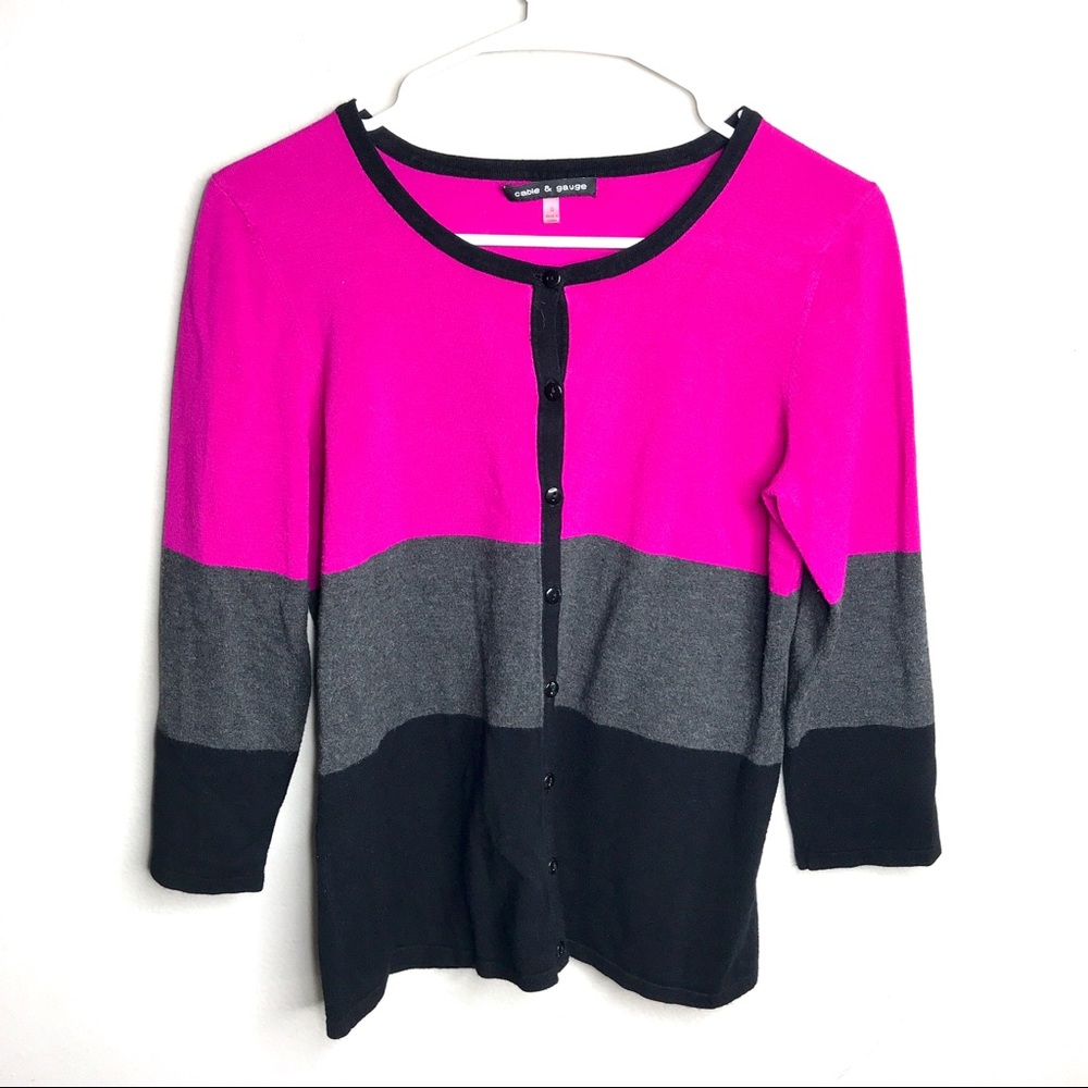 Cable & Gauge Pink Gray Black Striped Button Down Long Sleeve Shirt Sz S